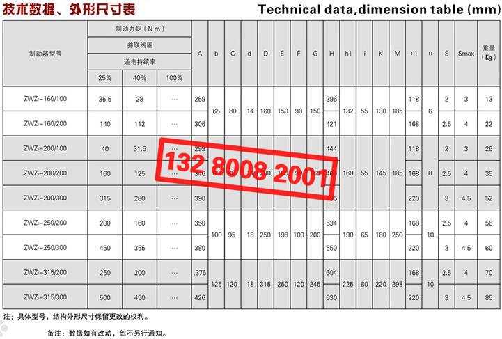 ZWZ3系列直流電磁鼓式制動器技術(shù)數(shù)據(jù)、外形尺寸表